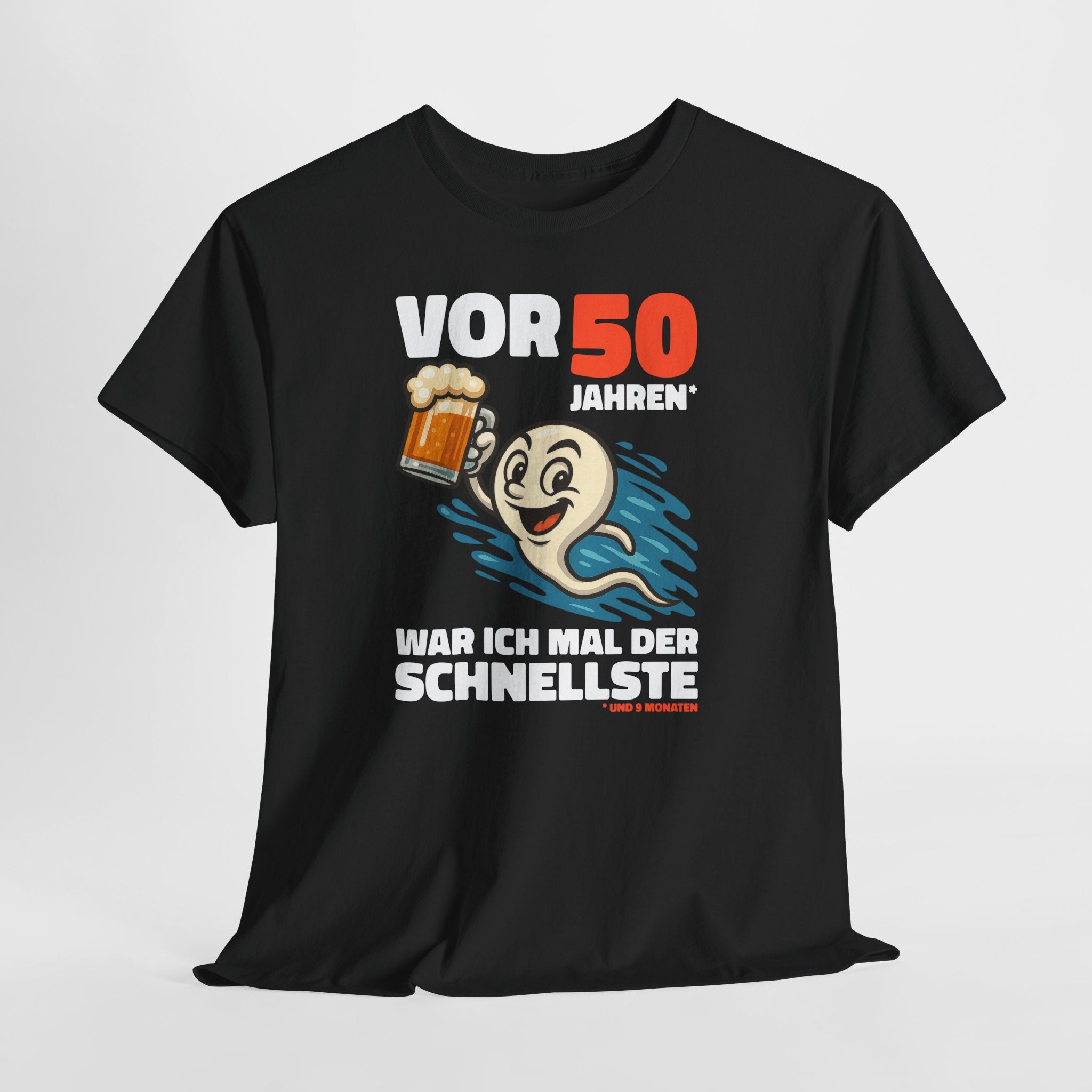 Lustiges 50. Geburtstag Shirt – „Vor 50 Jahren war ich mal der Schnellste“ Fun T-Shirt mit Bier Spermien Motiv – Herren Geburtstag Geschenk