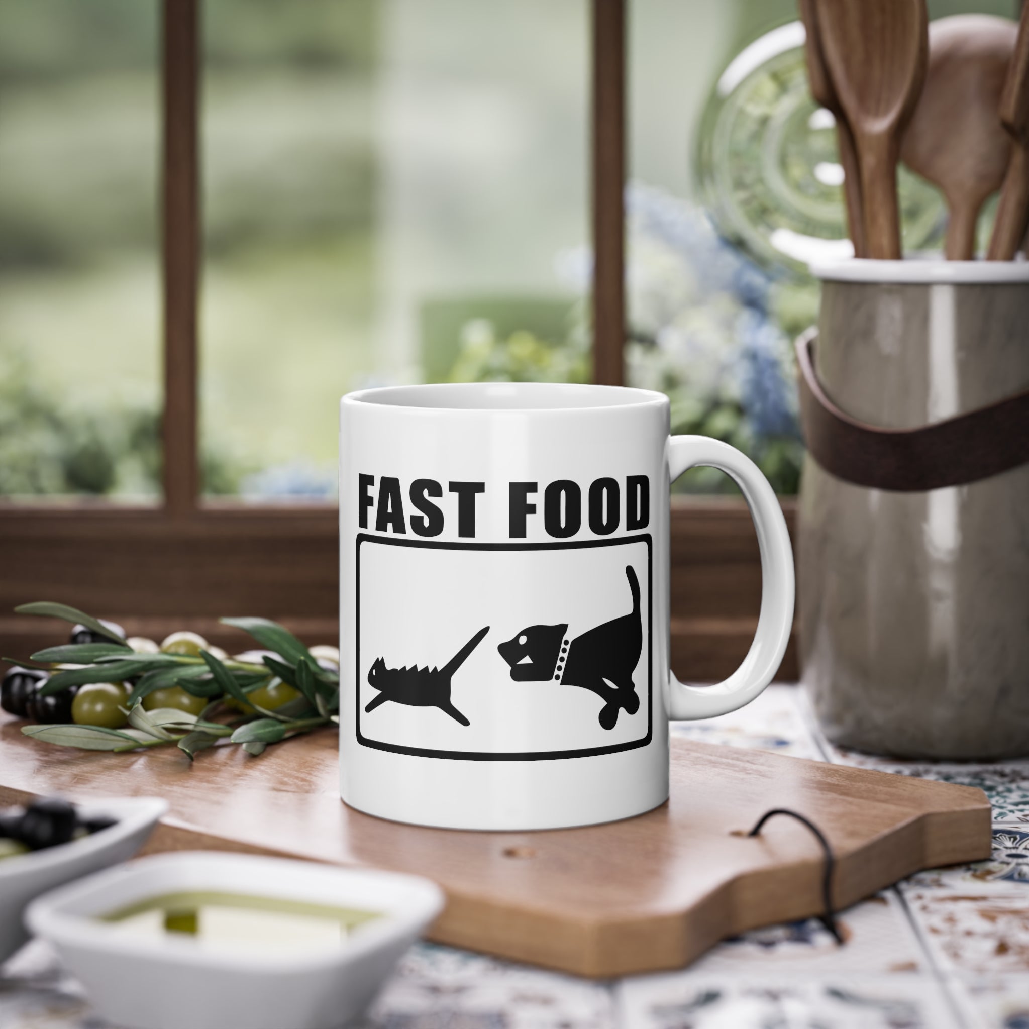 Hund jagt Katze FAST FOOD Lustige Kaffee Tasse