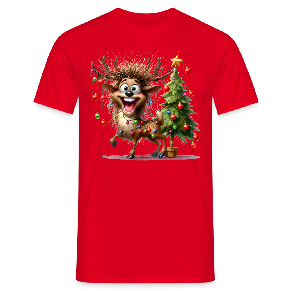 Weihnachten Witziges Rentier mit Weihnachtsbaum Lichterkette Lustiges Weihnachts T-Shirt - Rot