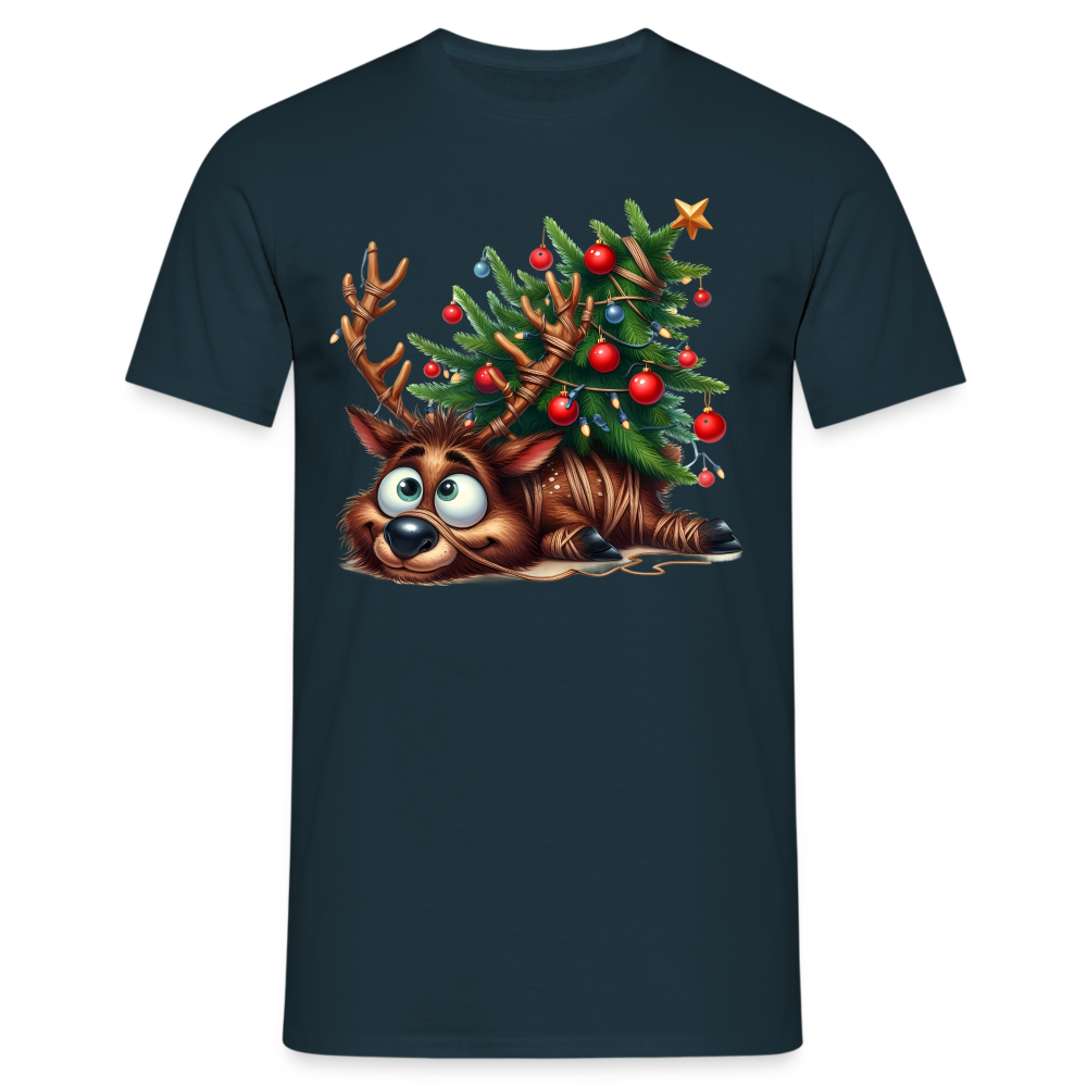 Weihnachten Lustiges Rentier Liegt unter Weihnachtsbaum Lustiges Weihnachts T-Shirt - Navy