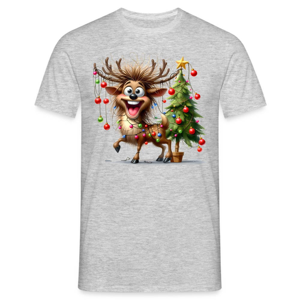 Weihnachten Witziges Rentier mit Weihnachtsbaum Lichterkette Lustiges Weihnachts T-Shirt - Grau meliert