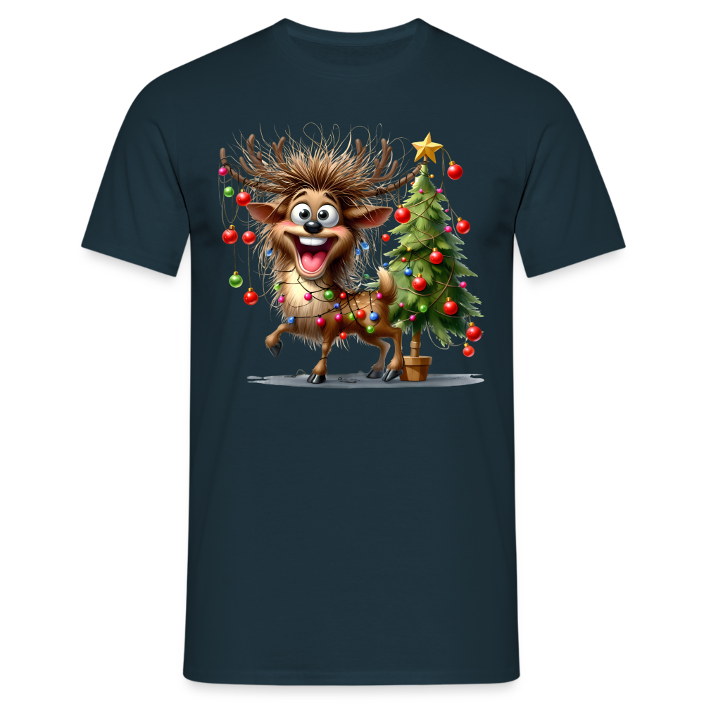 Weihnachten Witziges Rentier mit Weihnachtsbaum Lichterkette Lustiges Weihnachts T-Shirt - Navy