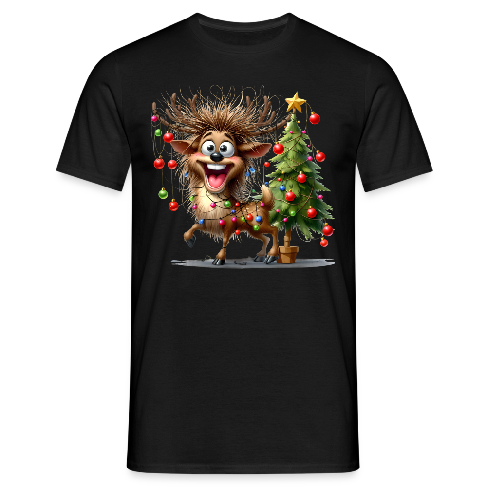 Weihnachten Witziges Rentier mit Weihnachtsbaum Lichterkette Lustiges Weihnachts T-Shirt - Schwarz