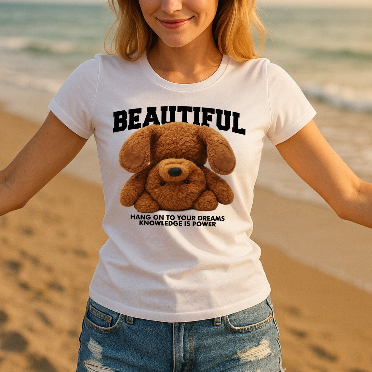 Kopfüber Teddy Bär T-Shirt – Realistisches Plüsch Design - Hang On Your Dreams - Damen Shirt
