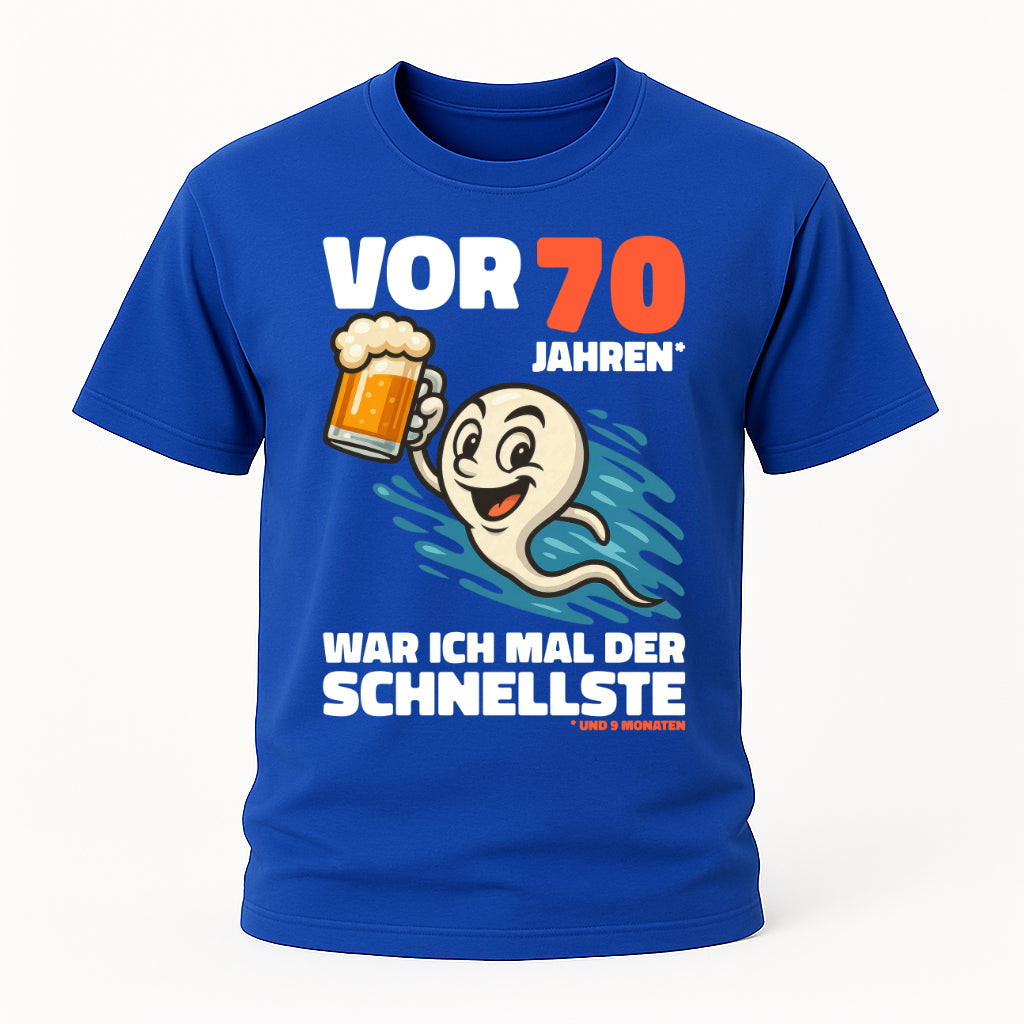 Lustiges 70. Geburtstag Shirt – „Vor 70 Jahren war ich mal der Schnellste“ Fun T-Shirt mit Bier Spermien Motiv – Herren Geburtstag Geschenk