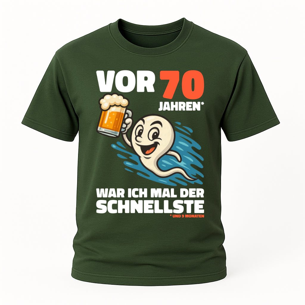 Lustiges 70. Geburtstag Shirt – „Vor 70 Jahren war ich mal der Schnellste“ Fun T-Shirt mit Bier Spermien Motiv – Herren Geburtstag Geschenk
