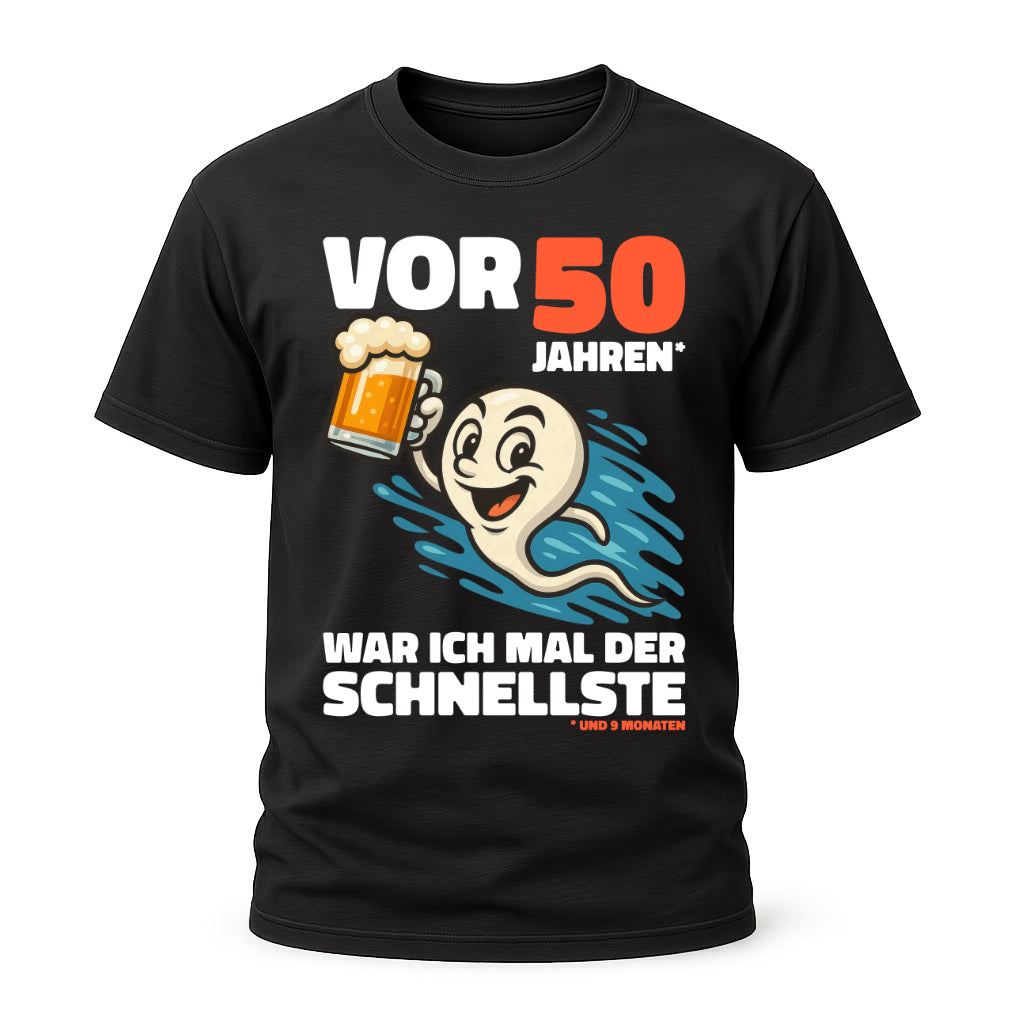 Lustiges 50. Geburtstag Shirt – „Vor 50 Jahren war ich mal der Schnellste“ Fun T-Shirt mit Bier Spermien Motiv – Herren Geburtstag Geschenk