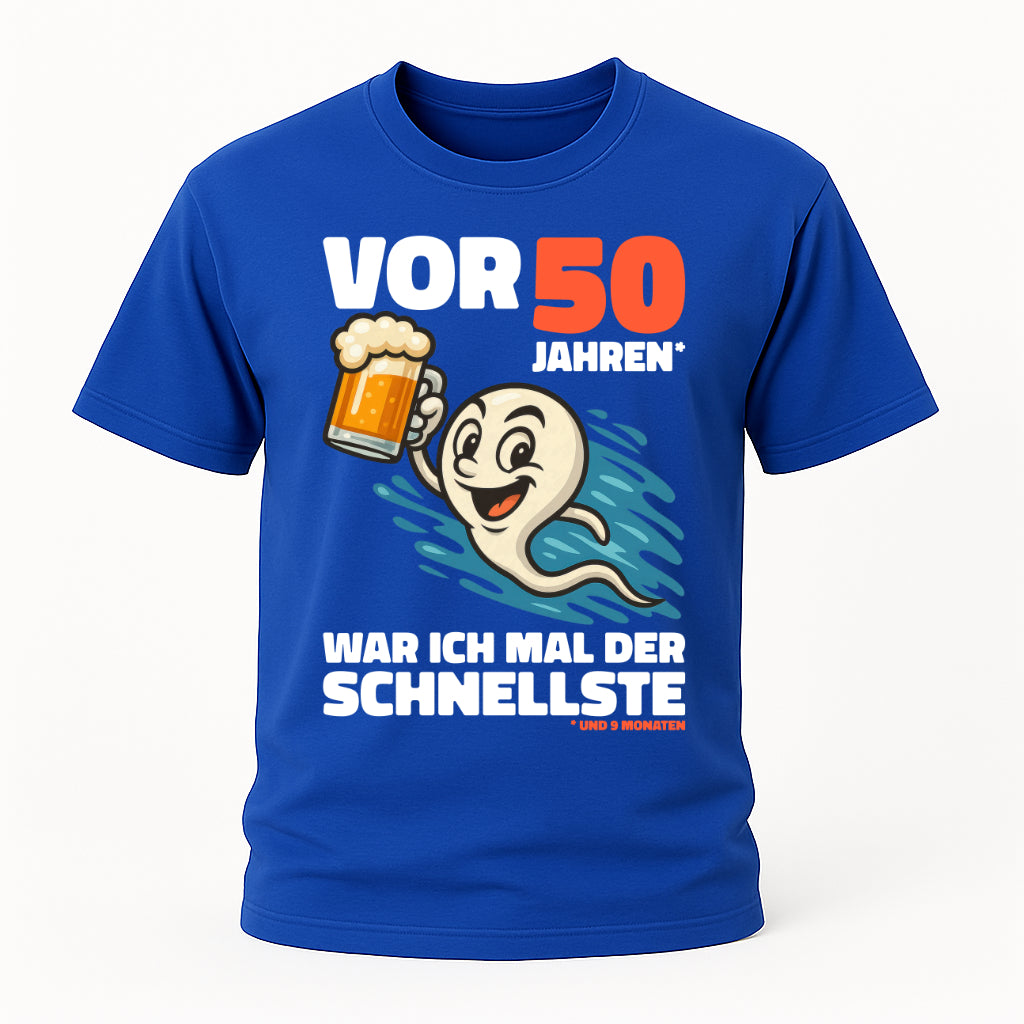 Lustiges 50. Geburtstag Shirt – „Vor 50 Jahren war ich mal der Schnellste“ Fun T-Shirt mit Bier Spermien Motiv – Herren Geburtstag Geschenk