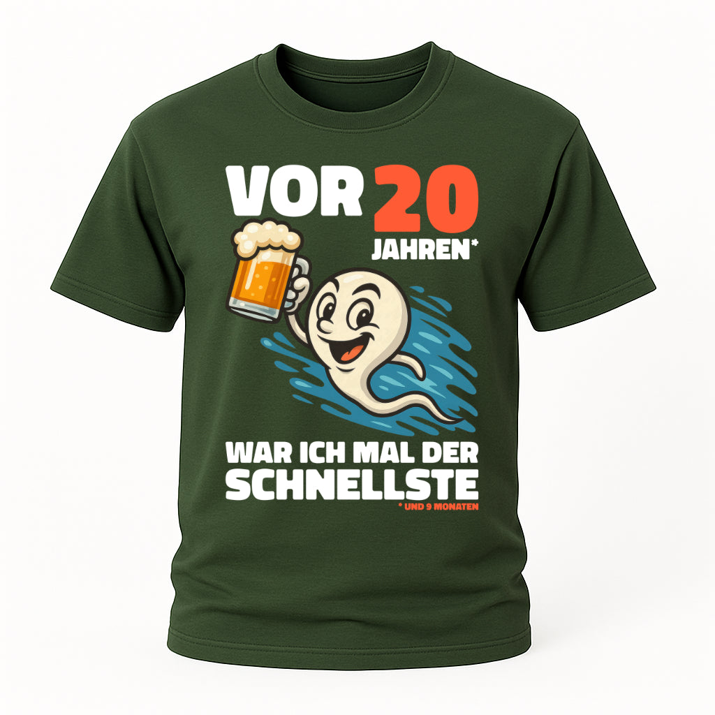 Lustiges 20. Geburtstag Shirt – „Vor 20 Jahren war ich mal der Schnellste“ Fun T-Shirt mit Bier Spermien Motiv – Herren Geburtstag Geschenk