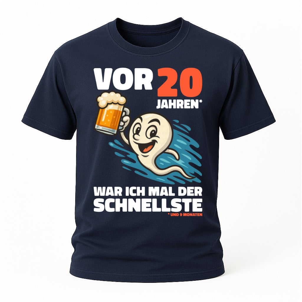 Lustiges 20. Geburtstag Shirt – „Vor 20 Jahren war ich mal der Schnellste“ Fun T-Shirt mit Bier Spermien Motiv – Herren Geburtstag Geschenk