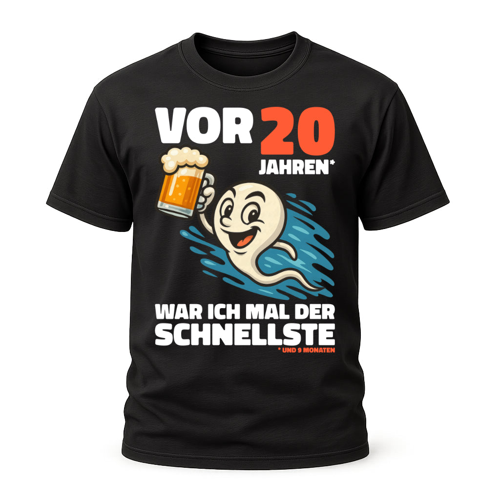 Lustiges 20. Geburtstag Shirt – „Vor 20 Jahren war ich mal der Schnellste“ Fun T-Shirt mit Bier Spermien Motiv – Herren Geburtstag Geschenk