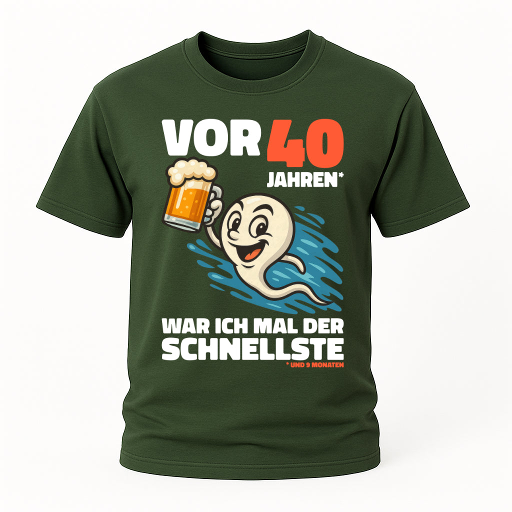 Lustiges 40. Geburtstag Shirt – „Vor 40 Jahren war ich mal der Schnellste“ Fun T-Shirt mit Bier Spermien Motiv – Herren Geburtstag Geschenk