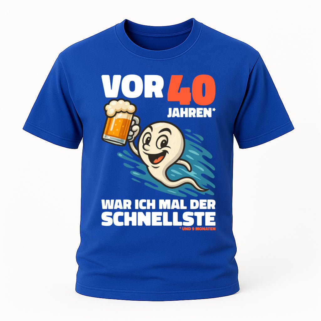 Lustiges 40. Geburtstag Shirt – „Vor 40 Jahren war ich mal der Schnellste“ Fun T-Shirt mit Bier Spermien Motiv – Herren Geburtstag Geschenk