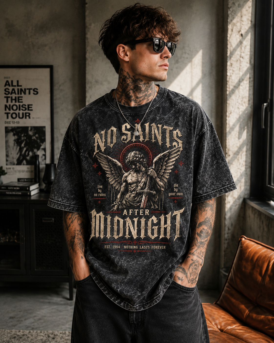 No Saints After Midnight Oversized Vintage T-Shirt – Acid Wash Gothic Engel Graphic Shirt – Heavy Metal Streetwear Oberteil – Washed