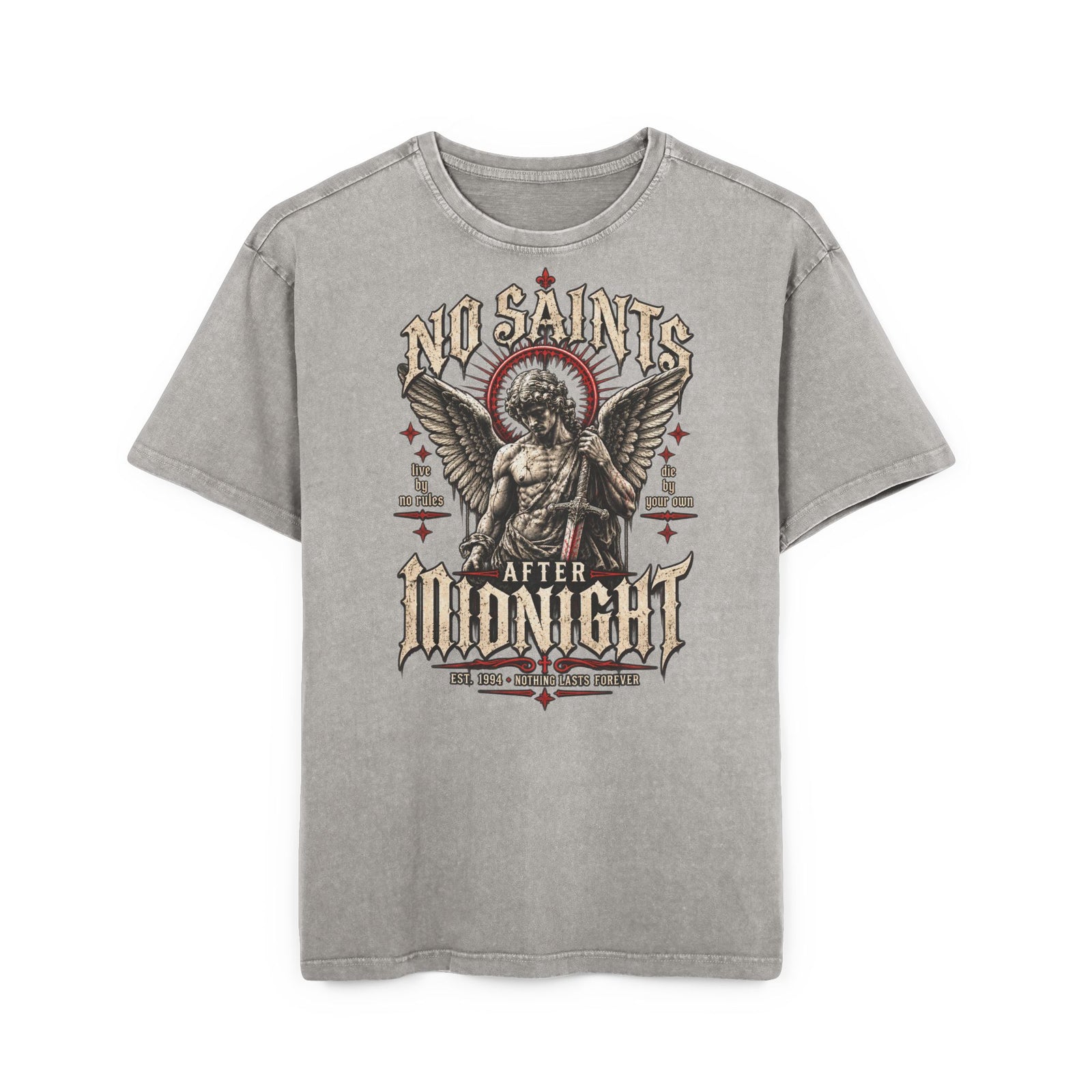 No Saints After Midnight Oversized Vintage T-Shirt – Acid Wash Gothic Engel Graphic Shirt – Heavy Metal Streetwear Oberteil – Washed