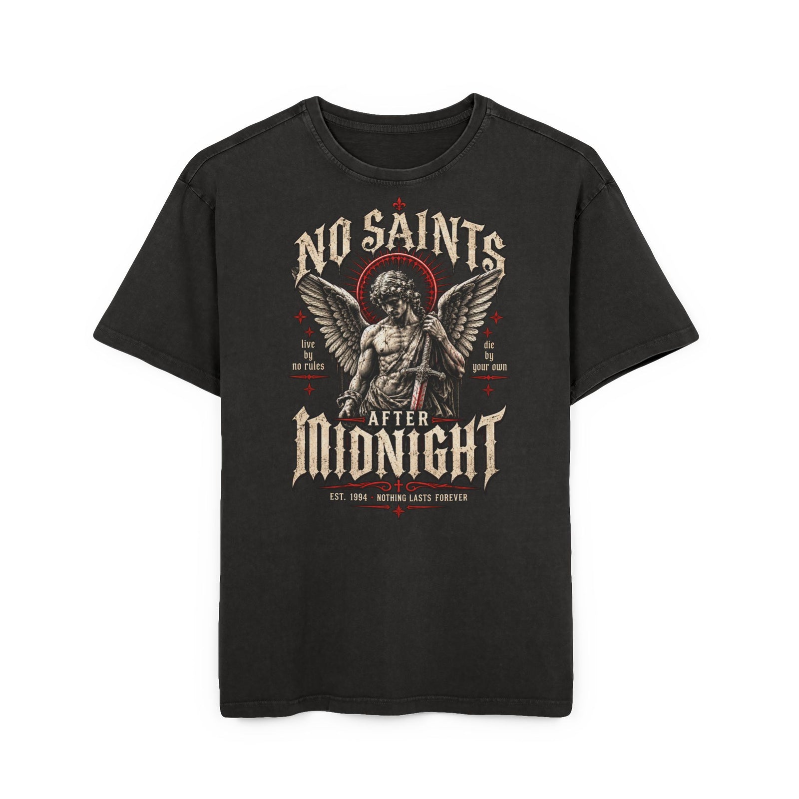 No Saints After Midnight Oversized Vintage T-Shirt – Acid Wash Gothic Engel Graphic Shirt – Heavy Metal Streetwear Oberteil – Washed