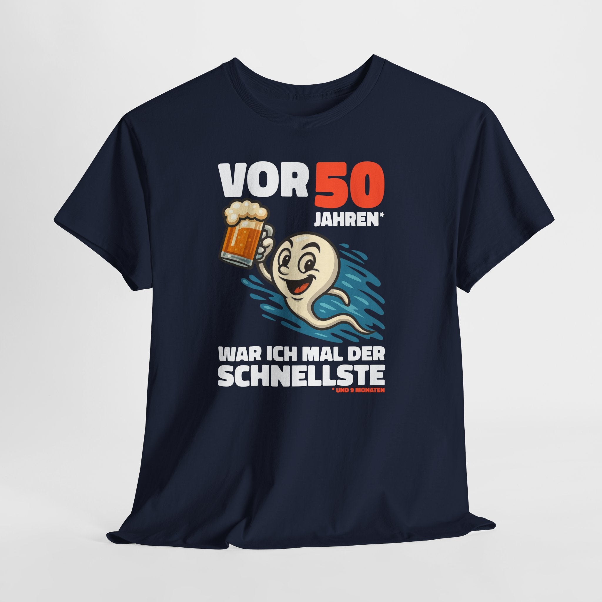 Lustiges 50. Geburtstag Shirt – „Vor 50 Jahren war ich mal der Schnellste“ Fun T-Shirt mit Bier Spermien Motiv – Herren Geburtstag Geschenk