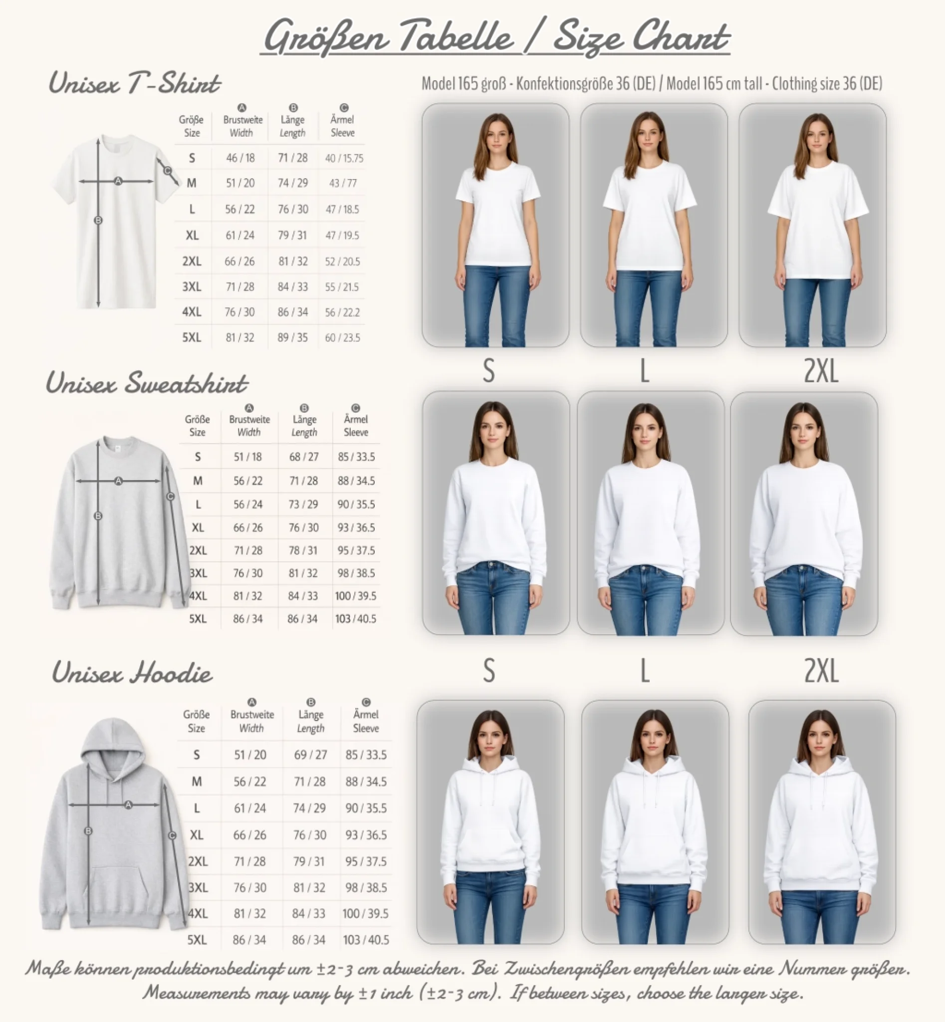 Größentabelle Shirt Sweatshirt Hoodie mit Referenz Model Frau