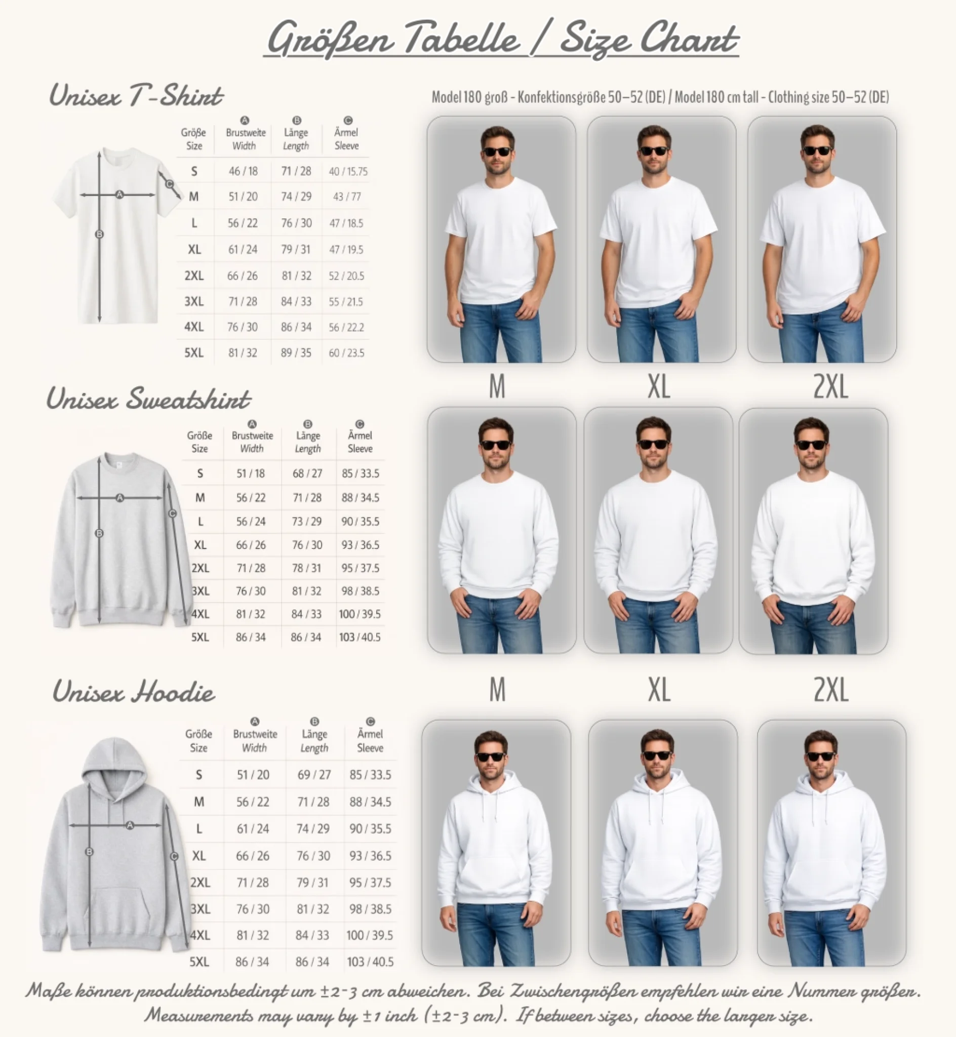 Größentabelle Shirt Sweatshirt Hoodie mit Referenz Model Mann