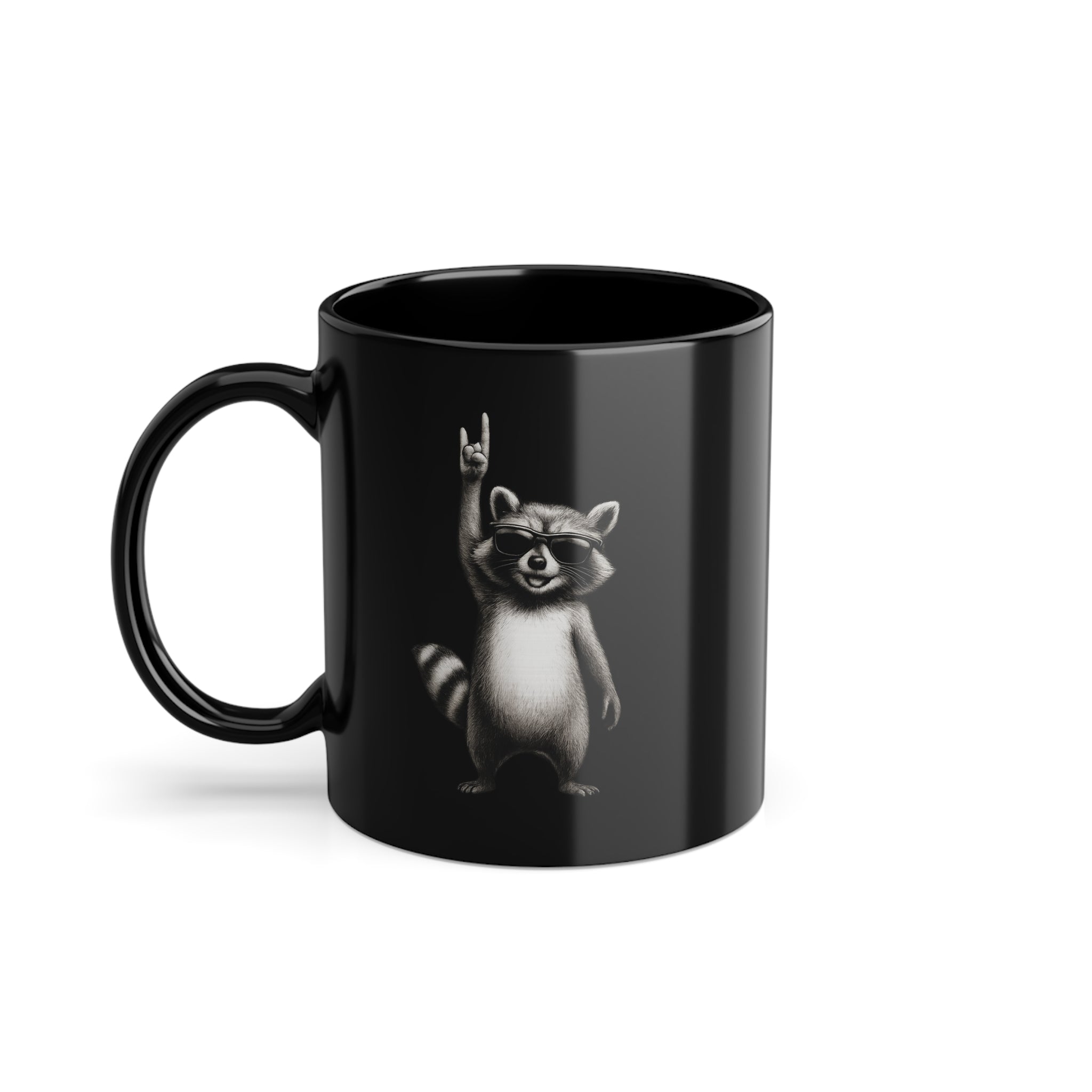 Lustiger Waschbär mit Sonnenbrille und Rock-Handzeichen – Lustiges Rockfans - Lustige Kaffee Tasse