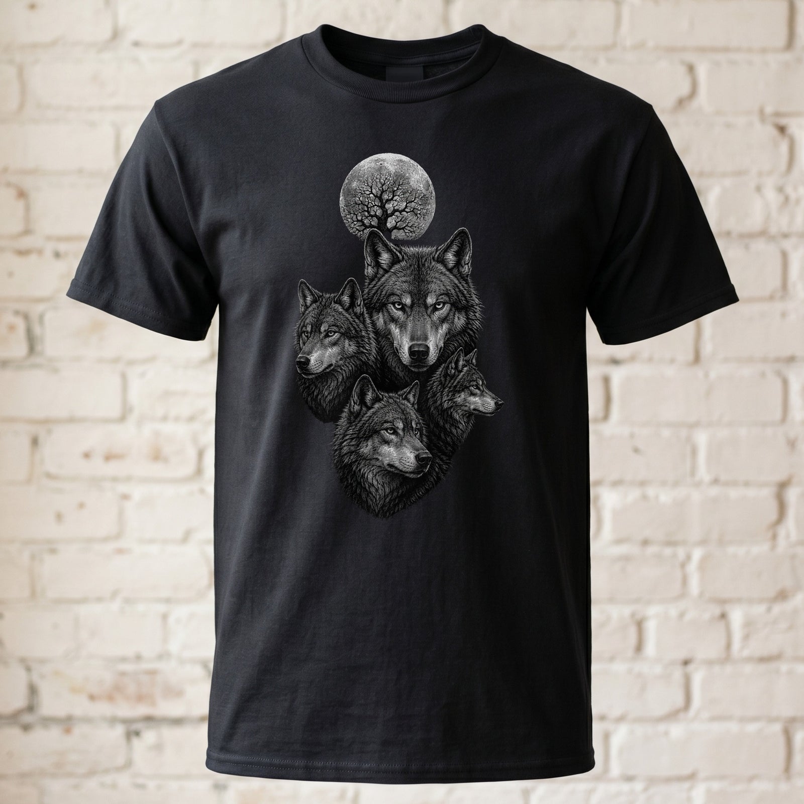 Wolfsrudel Mond T-Shirt Herren Damen | Mystisches Tier Motiv Raubtier Black Shirt