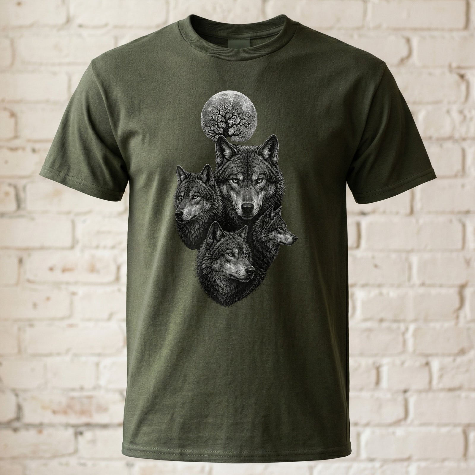 Wolfsrudel Mond T-Shirt Herren Damen | Mystisches Tier Motiv Raubtier Black Shirt