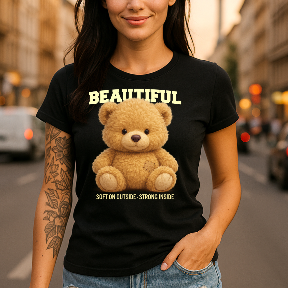 Teddy Bär T-Shirt – Realistisches Plüsch Design - Soft on the Outside, Strong Inside - Damen Shirt