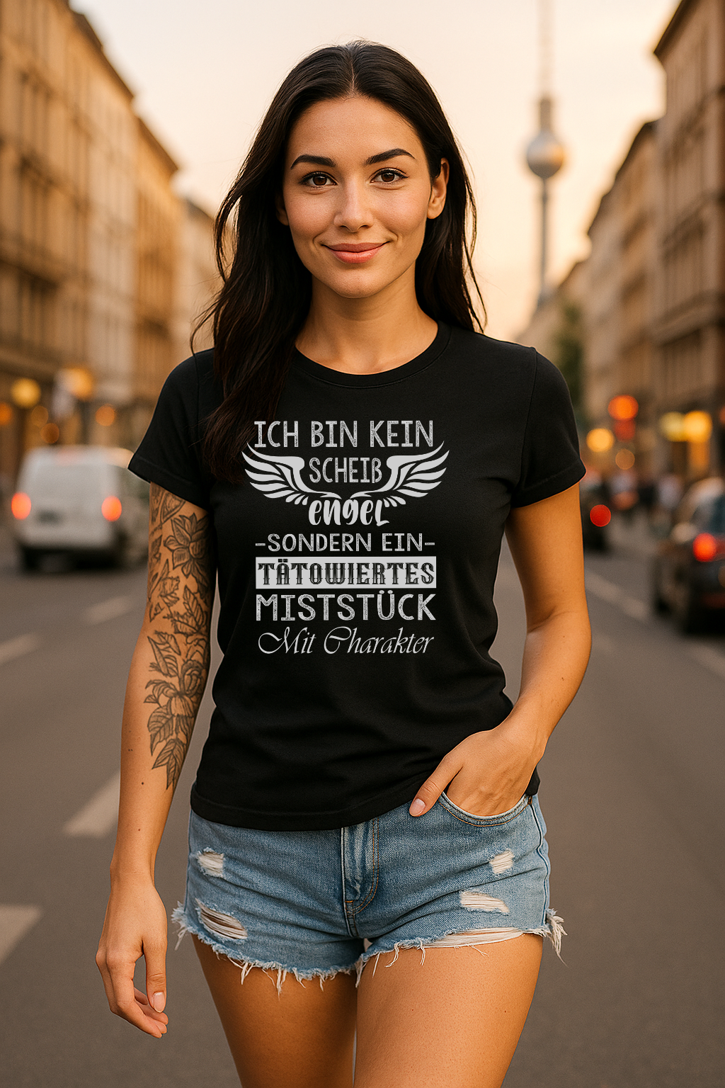 Ich bin kein Engel sondern ein Tätowiertes Miststück Lustiges Frauen T-Shirt