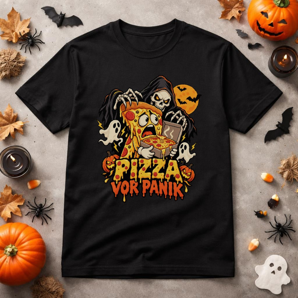Pizza vor Panik Halloween T-Shirt mit Skelett, Grusel Pizza Spruch, lustiges Horror Shirt
