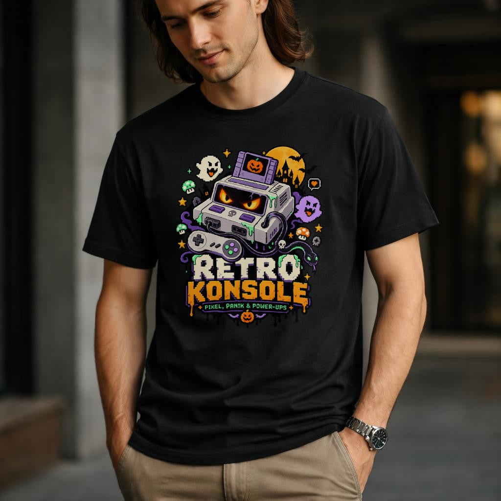 Retro Konsole T-Shirt Herren, Pixel Panik & Power-Ups, Halloween Gaming Shirt, Vintage Gamer Geschenk