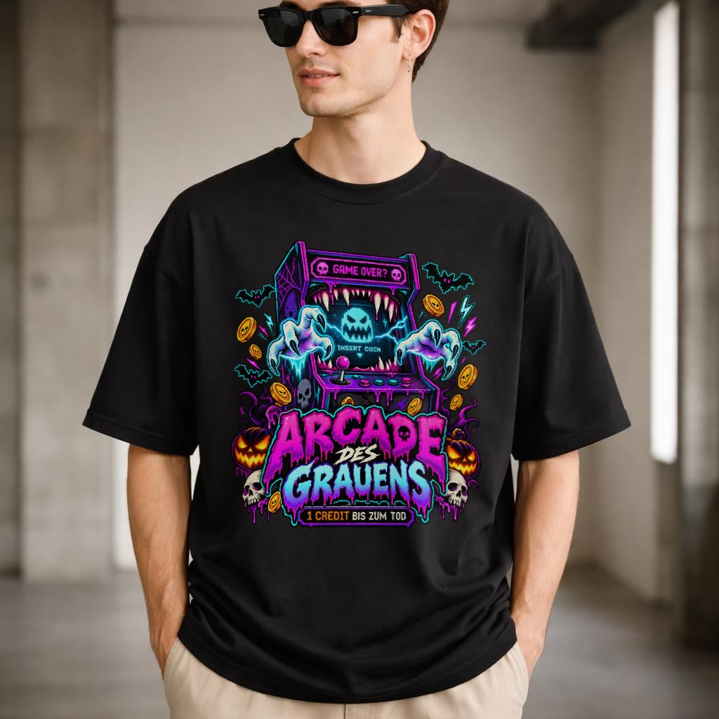 Arcade des Grauens T-Shirt – Retro Horror Gamer Shirt mit Neon Design