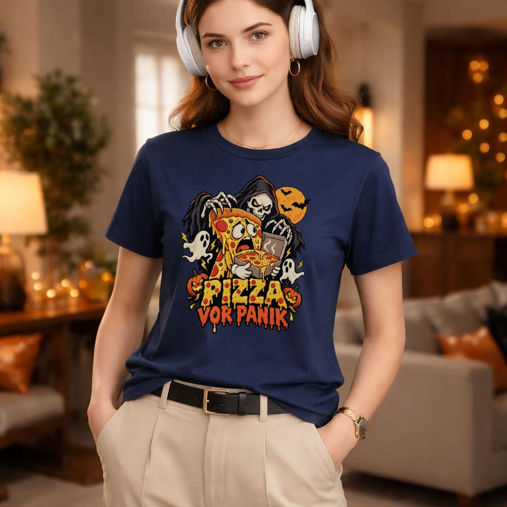 Pizza vor Panik Halloween T-Shirt mit Skelett, Grusel Pizza Spruch, lustiges Horror Shirt