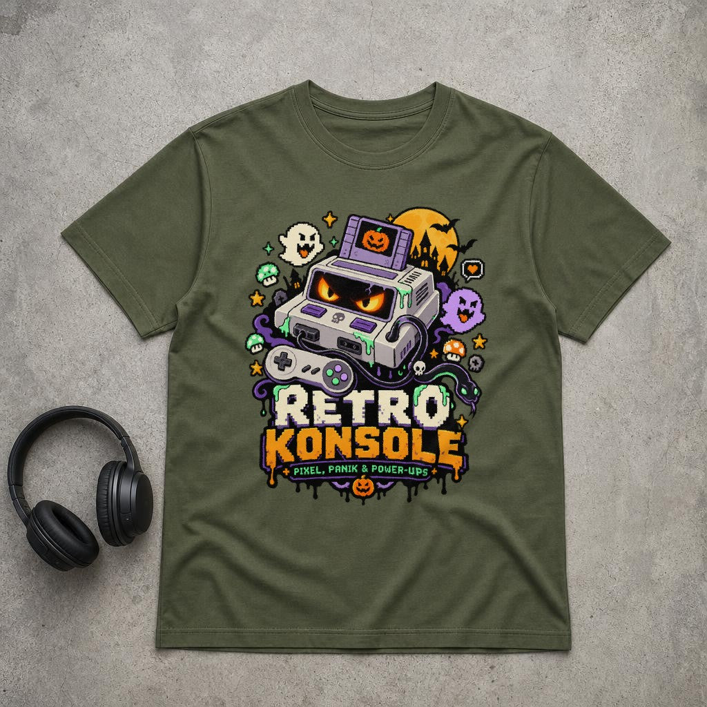 Retro Konsole T-Shirt Herren, Pixel Panik & Power-Ups, Halloween Gaming Shirt, Vintage Gamer Geschenk
