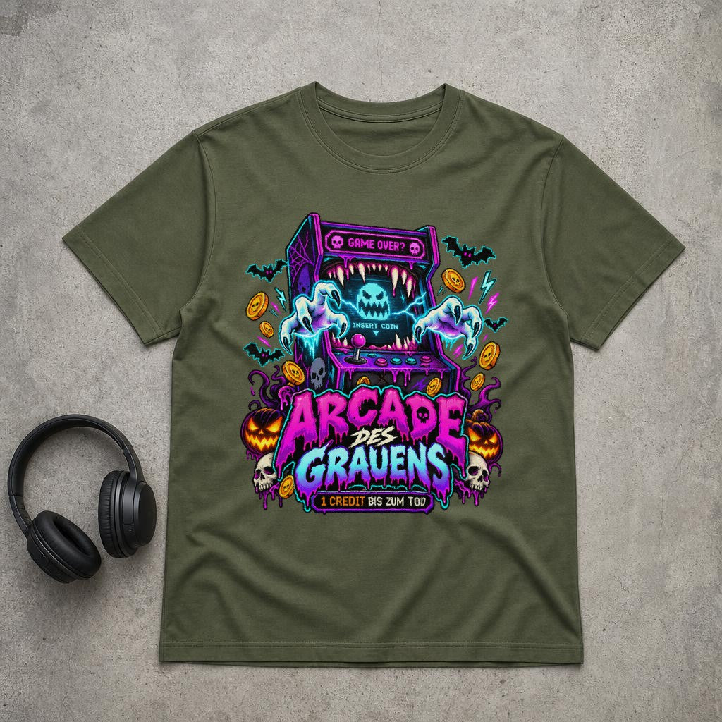 Arcade des Grauens T-Shirt – Retro Horror Gamer Shirt mit Neon Design