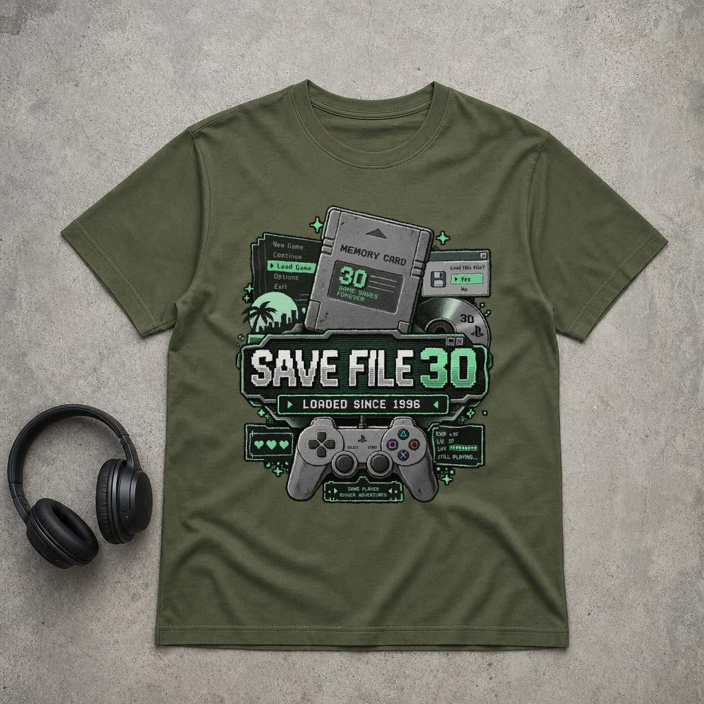 Save File 30 Retro Gaming T-Shirt für Männer, Pixel Gamer Shirt, Loaded Since 1996
