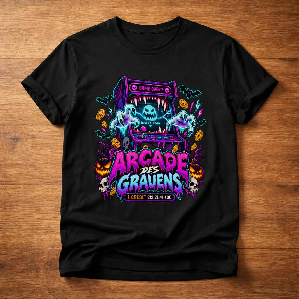 Arcade des Grauens T-Shirt – Retro Horror Gamer Shirt mit Neon Design