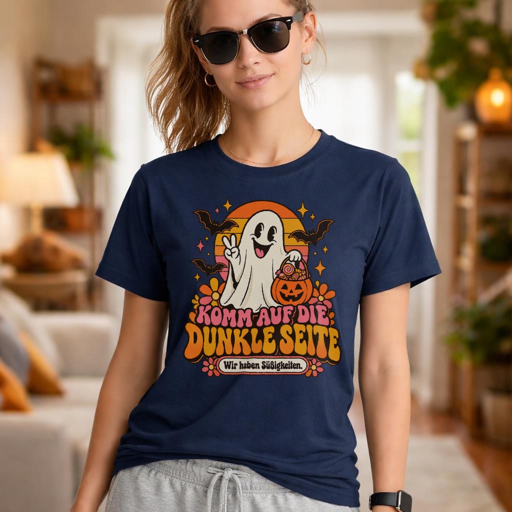 Komm auf die dunkle Seite Halloween T-Shirt mit Geist und Süßigkeiten Retro