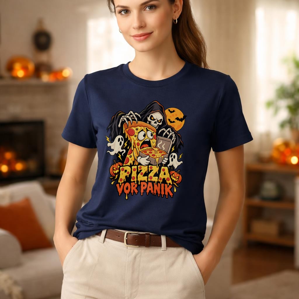 Pizza vor Panik Halloween T-Shirt mit Skelett, Grusel Pizza Spruch, lustiges Horror Shirt