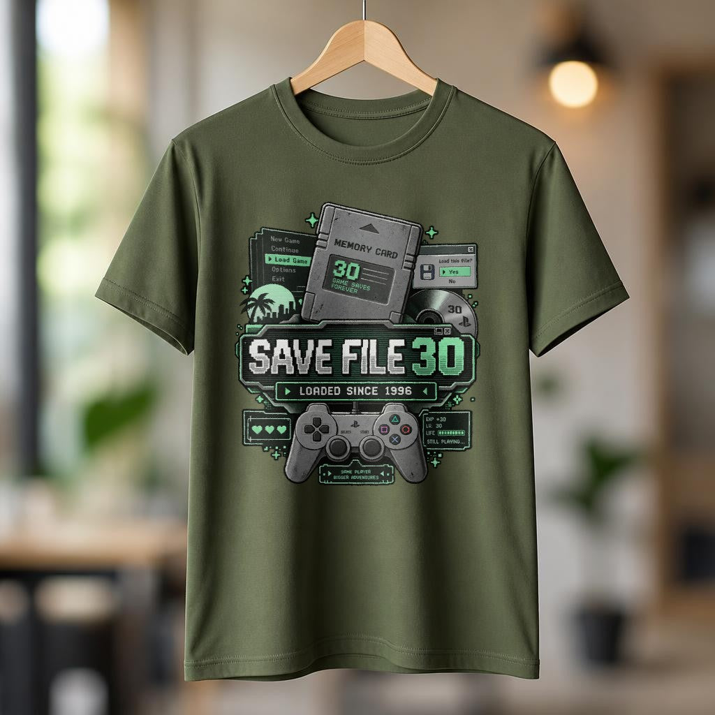 Save File 30 Retro Gaming T-Shirt für Männer, Pixel Gamer Shirt, Loaded Since 1996