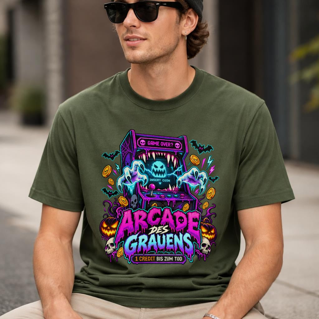 Arcade des Grauens T-Shirt – Retro Horror Gamer Shirt mit Neon Design