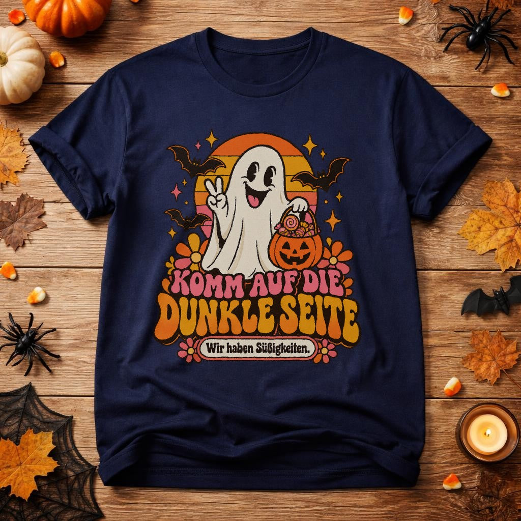Komm auf die dunkle Seite Halloween T-Shirt mit Geist und Süßigkeiten Retro