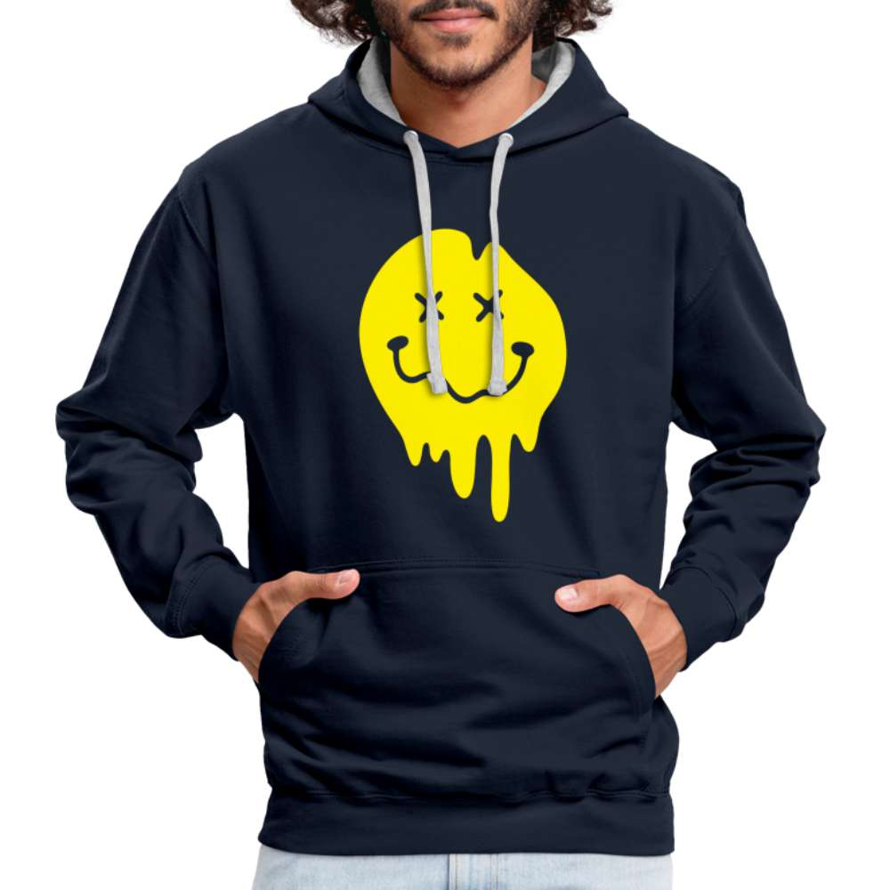 Lustiges Smiley zerlaufenes Emoji Unisex Kontrast-Hoodie - Navy/Grau meliert