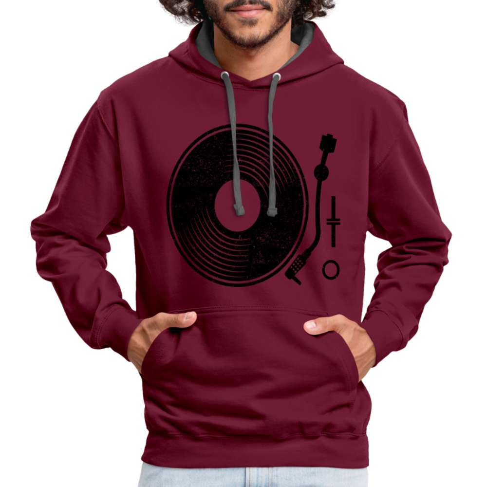 Schallplatte Vinyl Retro Style Musik Kontrast-Hoodie - Weinrot/Anthrazit