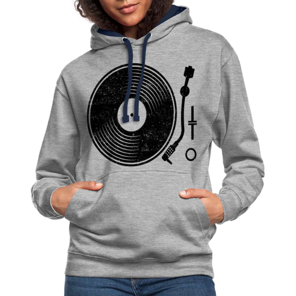 Schallplatte Vinyl Retro Style Musik Kontrast-Hoodie - Grau meliert/Navy