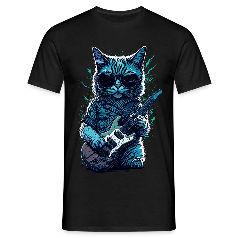 Lustige Coole Katze mit E-Gitarre und Sonnenbrille Witziges T-Shirt - Schwarz