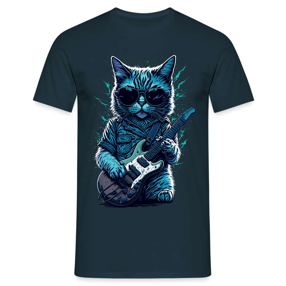 Lustige Coole Katze mit E-Gitarre und Sonnenbrille Witziges T-Shirt - Navy