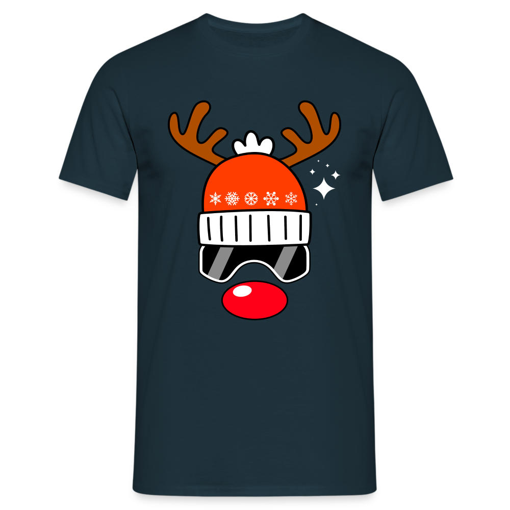 Weihnachtsrenntier mit roter Nase Mütze und Ski Brille Lustiges T-Shirt - Navy