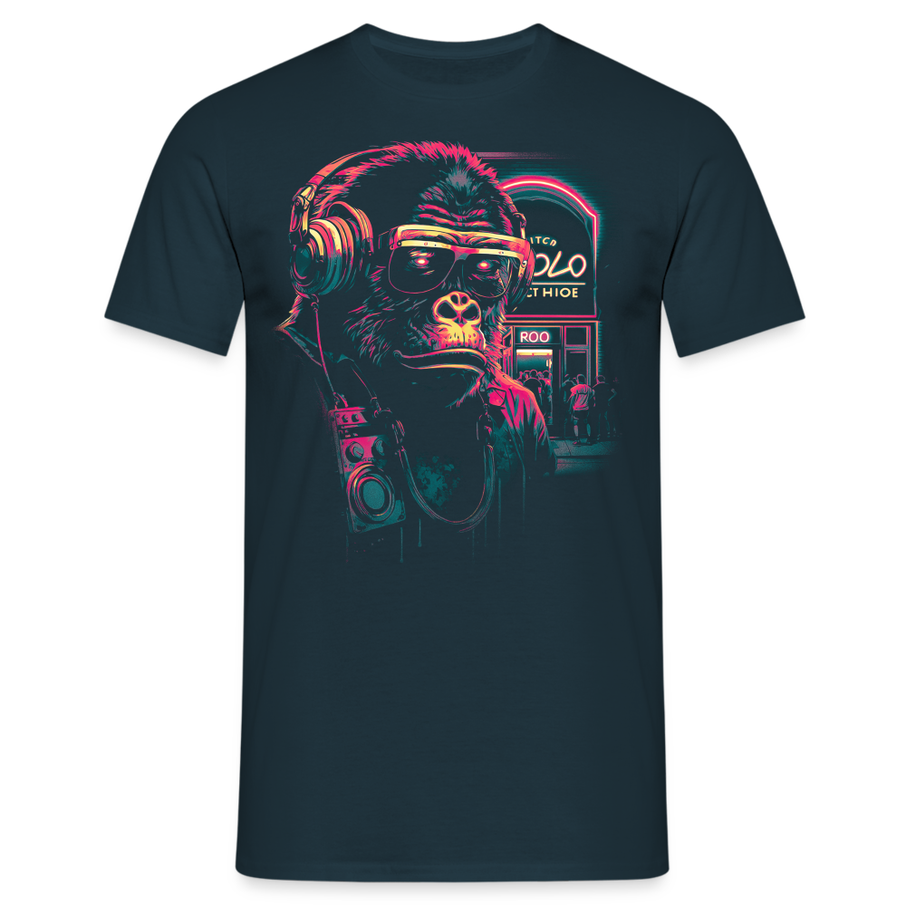 Cyberpunk Neon Gorilla Affe Sonnenbrille Kopfhörer - T-Shirt - Navy