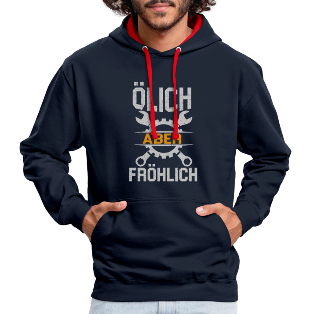 Mechaniker Ölich Aber Fröhlich Lustiger Geschenk Kontrast-Hoodie - Navy/Rot