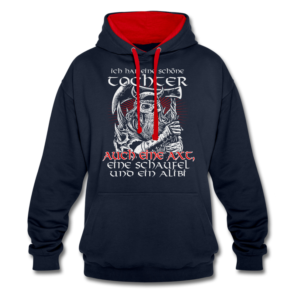 Wikinger Vater habe Tochter Axt und Alibi Lustiger Kontrast-Hoodie - Navy/Rot